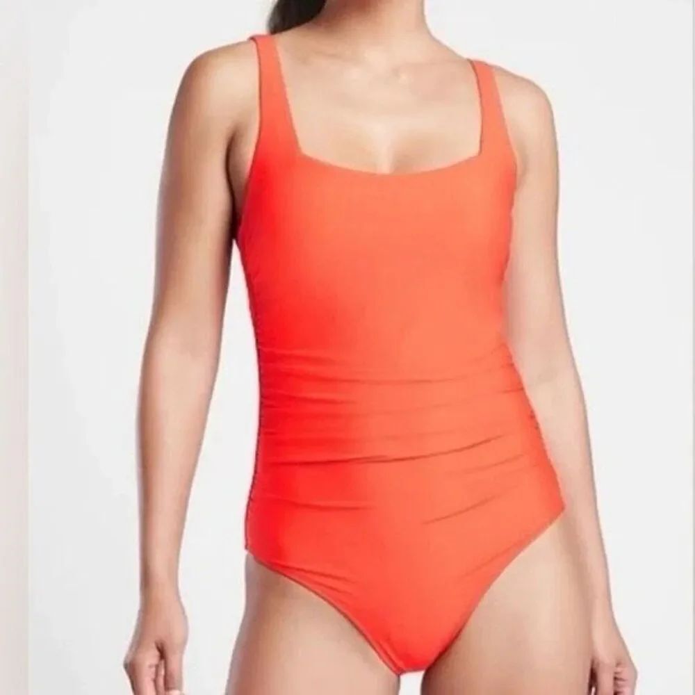Athleta Orange Square Neck One Piece Swim Ruched Adjustable Mid Coverage Size S